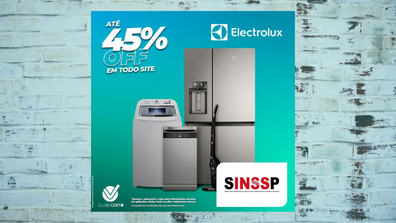 fundo azul claro com geladeira, máquina de lavar roupa, fogão e aspirador de pó. Logo do SINSSP com dizeres de até 45%off.Logo Clube Certo