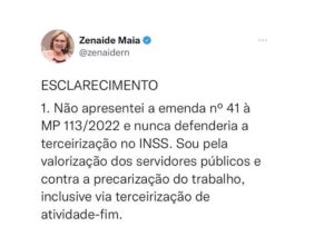 Nota de Esclarecimento Senadora Zenaide Maia via Twitter 